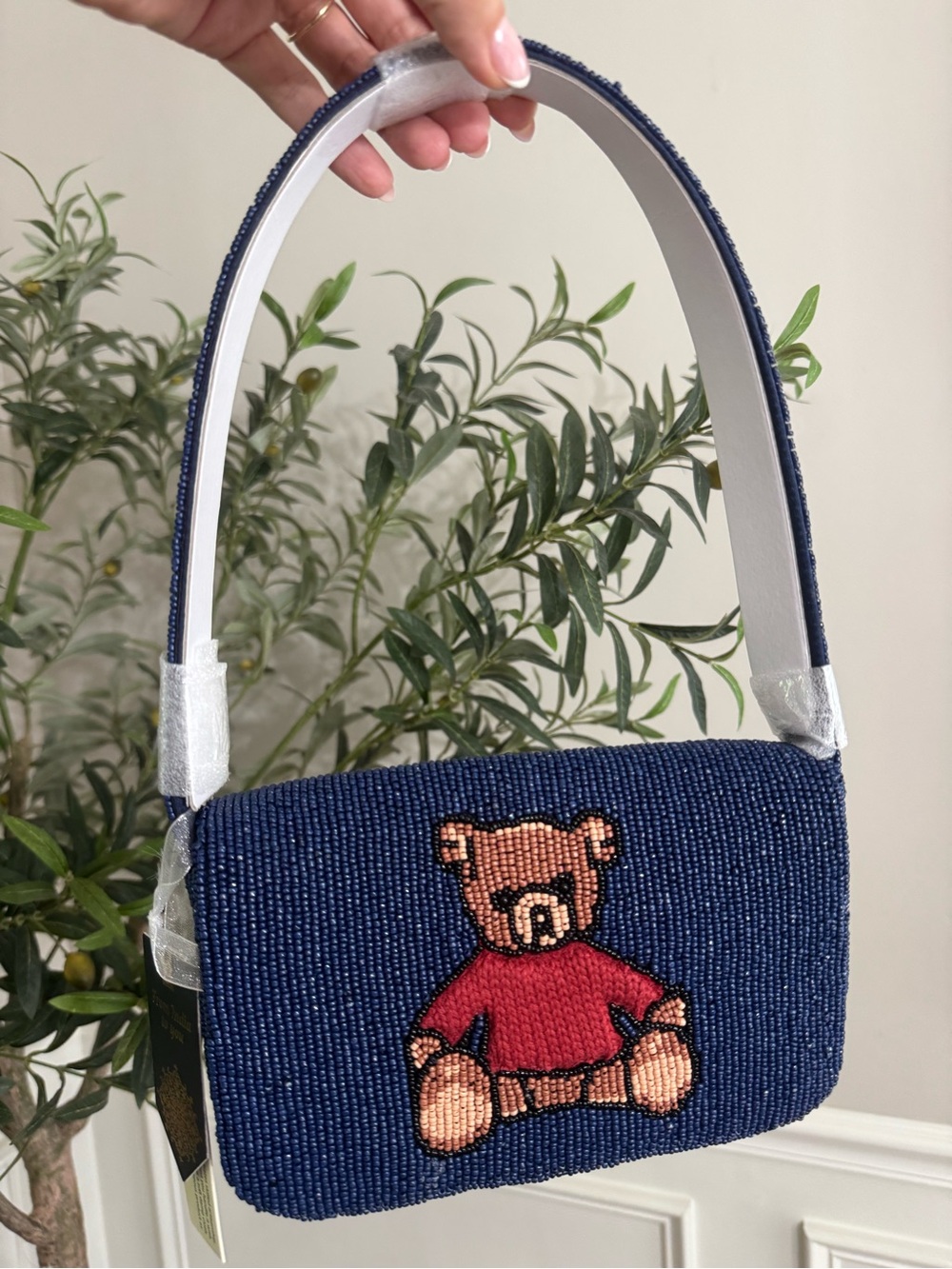 Made in India Navy blue beaded teddy bear purse with red sweater